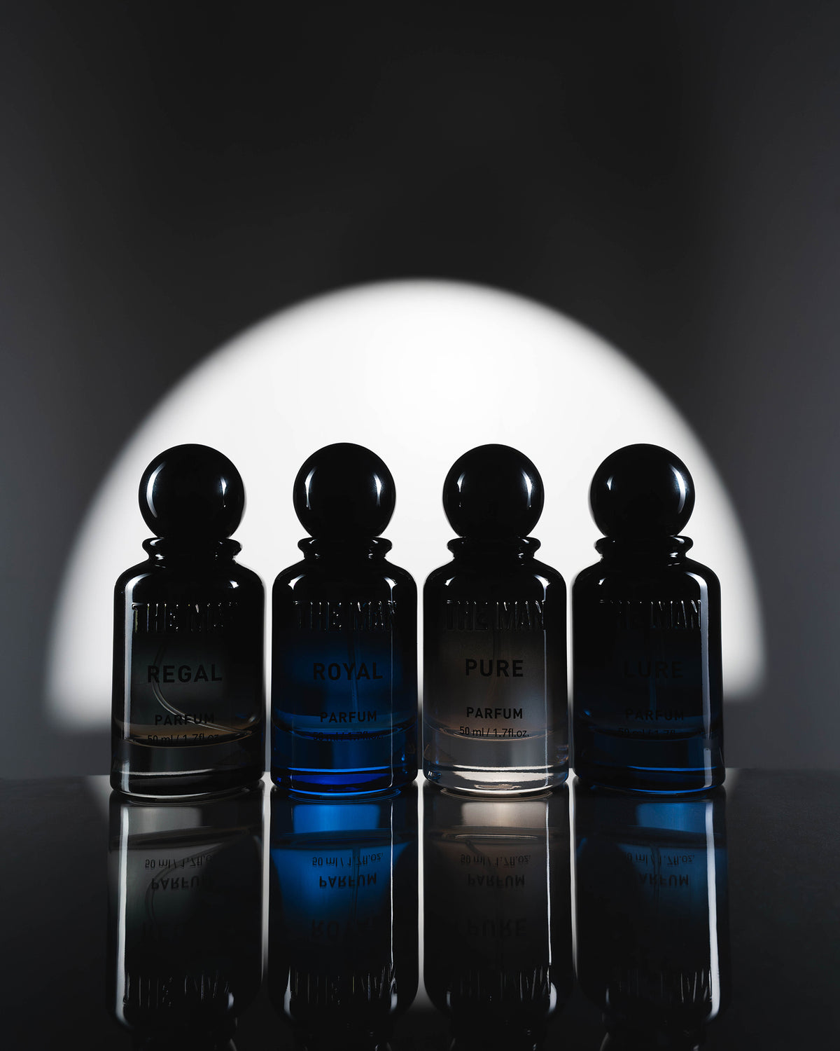 Regal, Royal, Pure, and Lure 30ml parfum bottles