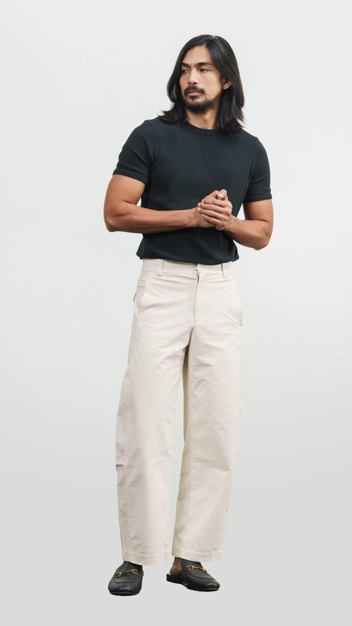Slim Ribbed Tee styled with trousers