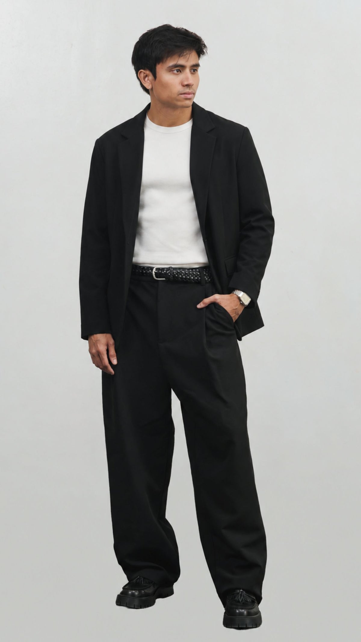 Slim Ribbed Tee layered under an overshirt