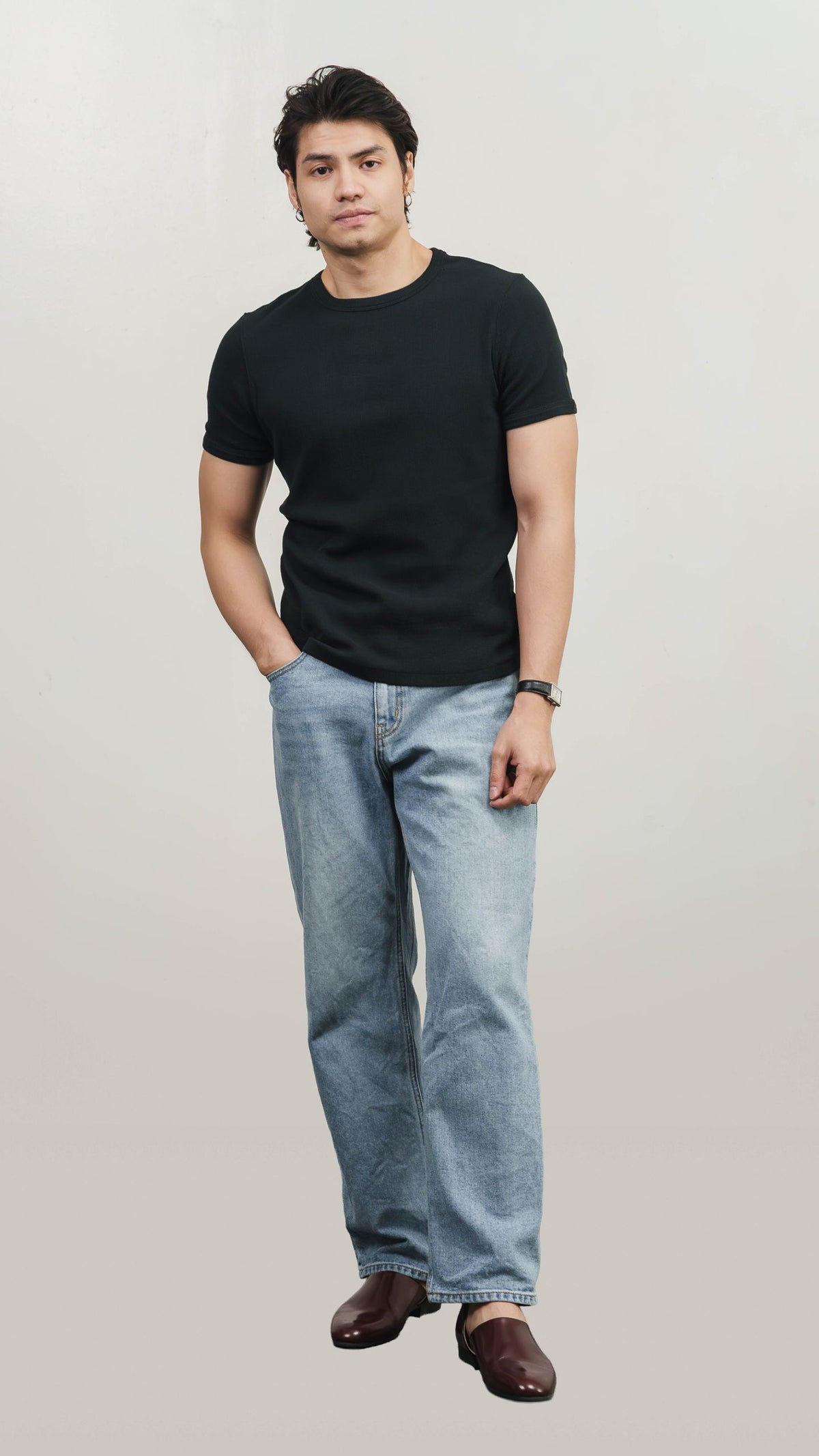 Slim Ribbed Tee worn solo with jeans